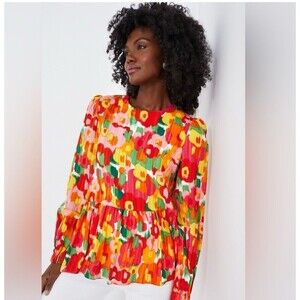 Pomander, Vibrant Orange and Green Long Sleeve Peplum Blouse